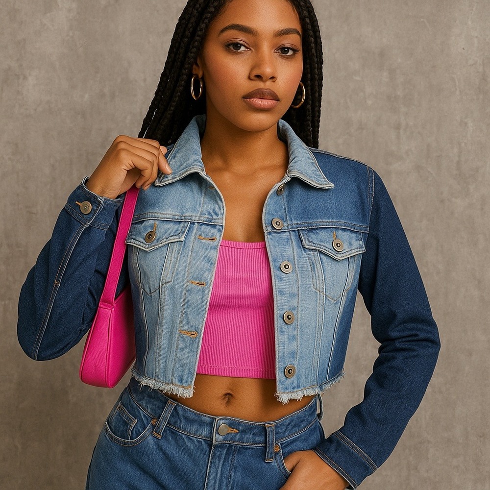 Baby Phat Womens M Two-Tone Distressed Cropped Denim Jacket Y2K Jean Coat‎ USA